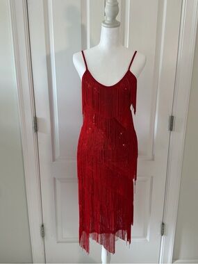 Anna-Kaci Red Fringe Sequin Fringe Flapper Midi Slip Dress